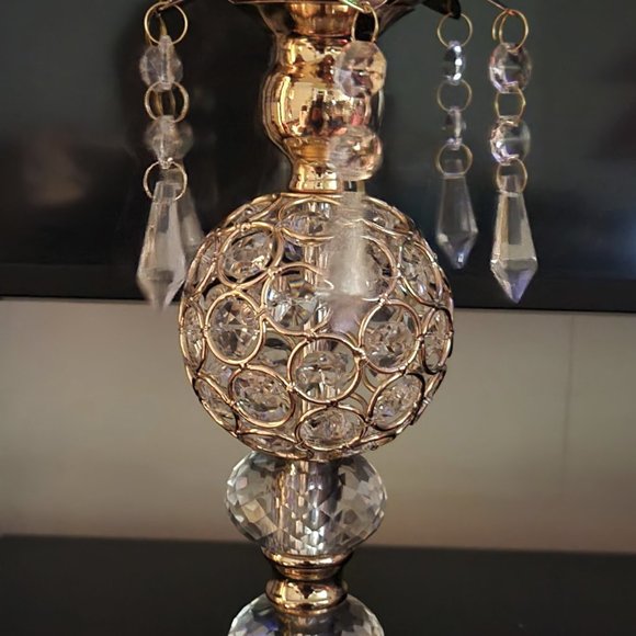 Set of Two 14" Tall Golden Gold Crystal Candlesticks Holders for Home Decor - Picture 5 of 8